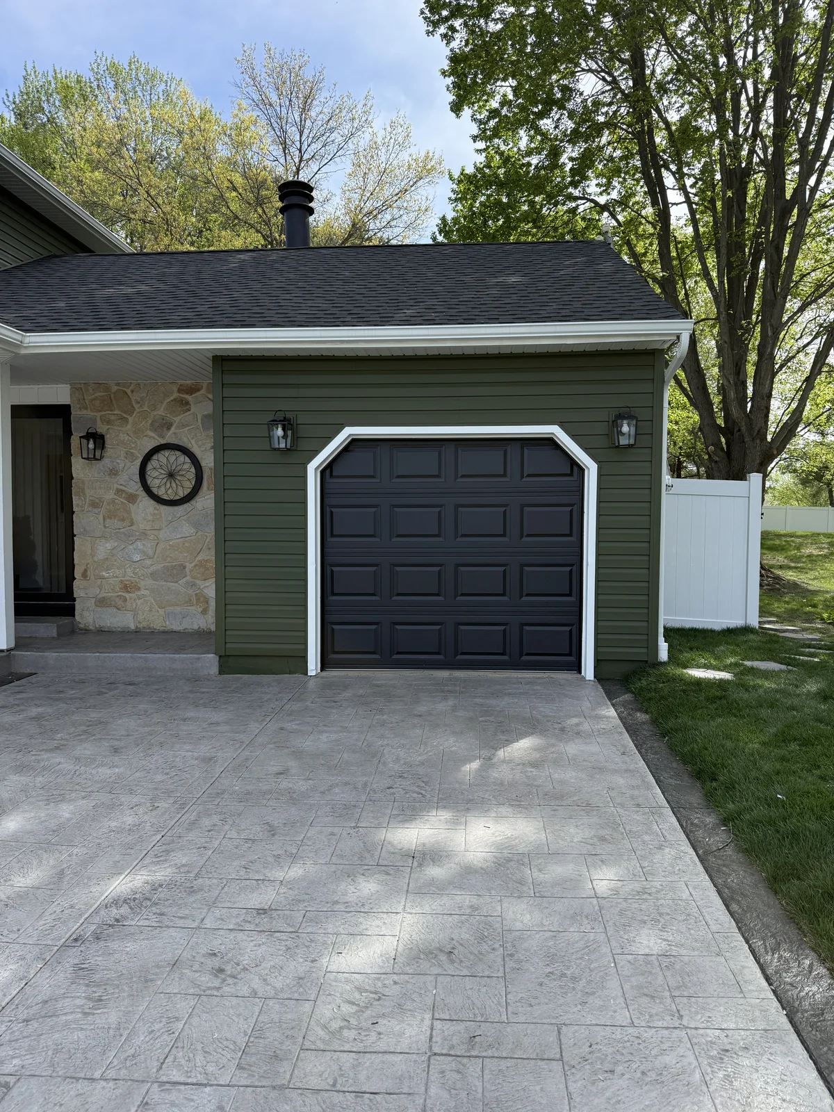 Sage-Green Siding Coating with Carriage Garage Door in Cherry Hill NJ